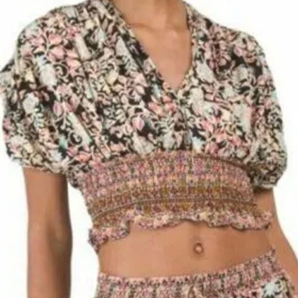 Rachel Zoe Womens Crop Top Boho Black Floral V Neck Size S C49 - Picture 1 of 9